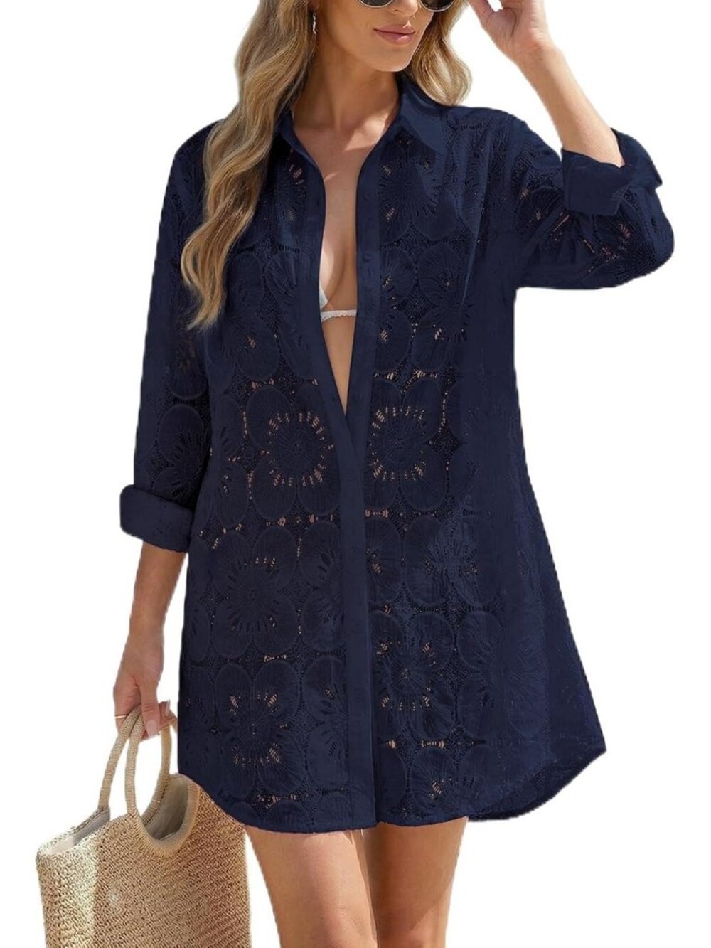 Women's Navy Blue Cotton CoverUp Button Down Shirt Long Sleeve Swimsuit CoverUp